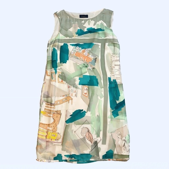 Piazza Sempione Abstract Watercolor 100% Silk Shift  Dress Short Sleeve Vintage - Picture 1 of 6